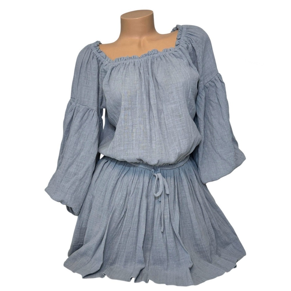 Mustard Seed Womens MEDIUM Off Shoulder 3/4 Sleeve Ruched Blue Cotton Mini Dress